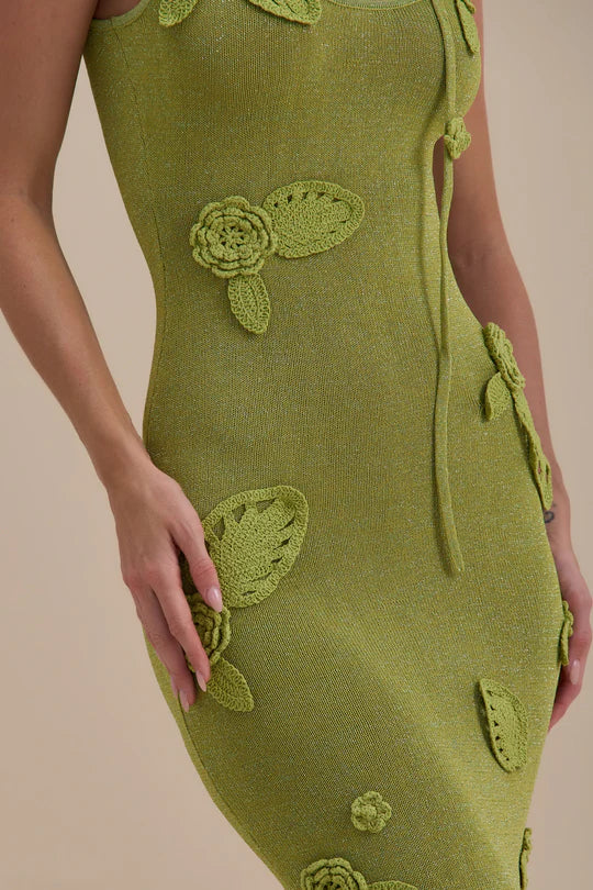 Green knit maxi dress with leaf appliqués and cutout details — Wanderdoll | Endless UAE