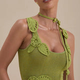 Green knit maxi dress with leaf appliqués and cutout details — Wanderdoll | Endless UAE