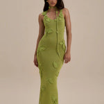 Green knit maxi dress with leaf appliqués and cutout details — Wanderdoll | Endless UAE