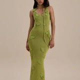 Green knit maxi dress with leaf appliqués and cutout details — Wanderdoll | Endless UAE