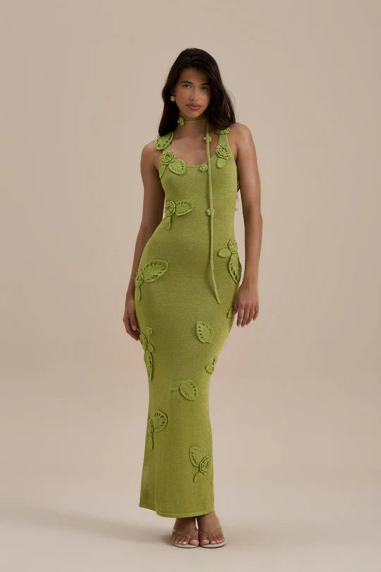 Green knit maxi dress with leaf appliqués and cutout details — Wanderdoll | Endless UAE