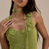 Green knit maxi dress with leaf appliqués and cutout details — Wanderdoll | Endless UAE