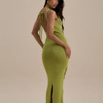 Green knit maxi dress with leaf appliqués and cutout details — Wanderdoll | Endless UAE