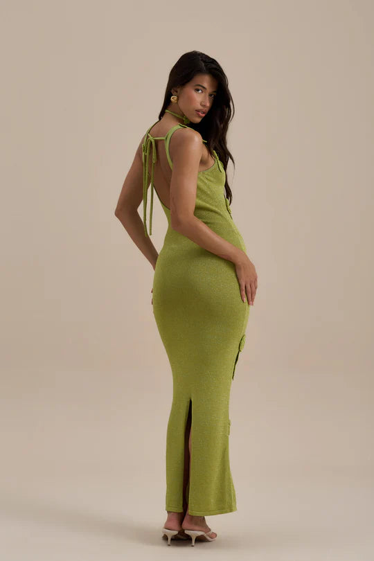 Green knit maxi dress with leaf appliqués and cutout details — Wanderdoll | Endless UAE