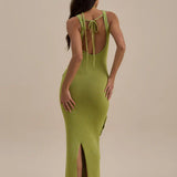 Green knit maxi dress with leaf appliqués and cutout details — Wanderdoll | Endless UAE