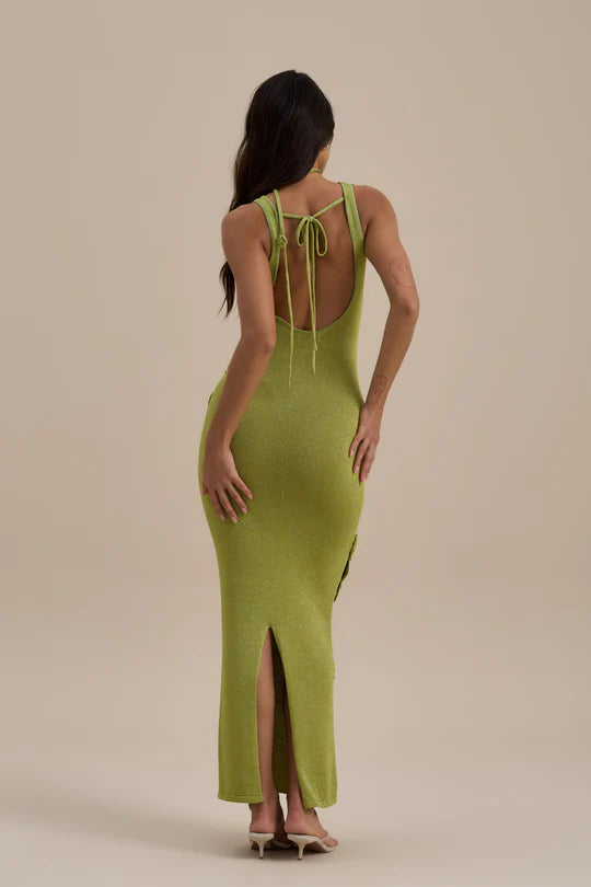 Green knit maxi dress with leaf appliqués and cutout details — Wanderdoll | Endless UAE