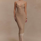 Woman wearing beige metallic knit midi dress with keyhole neckline and fringe hem — Meshki | Endless UAE