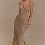 Woman wearing beige metallic knit midi dress with keyhole neckline and fringe hem — Meshki | Endless UAE