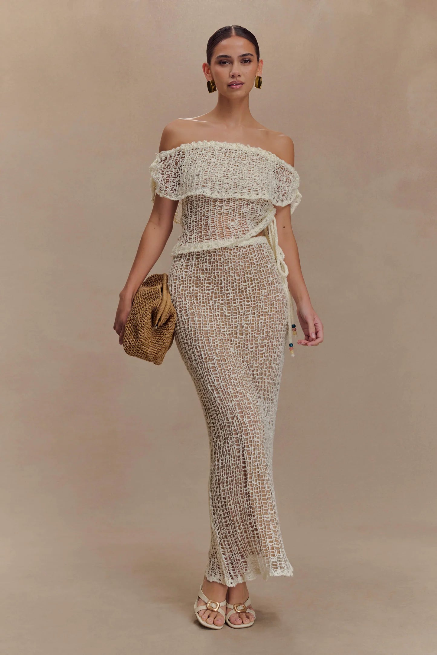 Cream crochet off-shoulder co-ord set with cutout details and maxi skirt — Meshki | Endless UAE