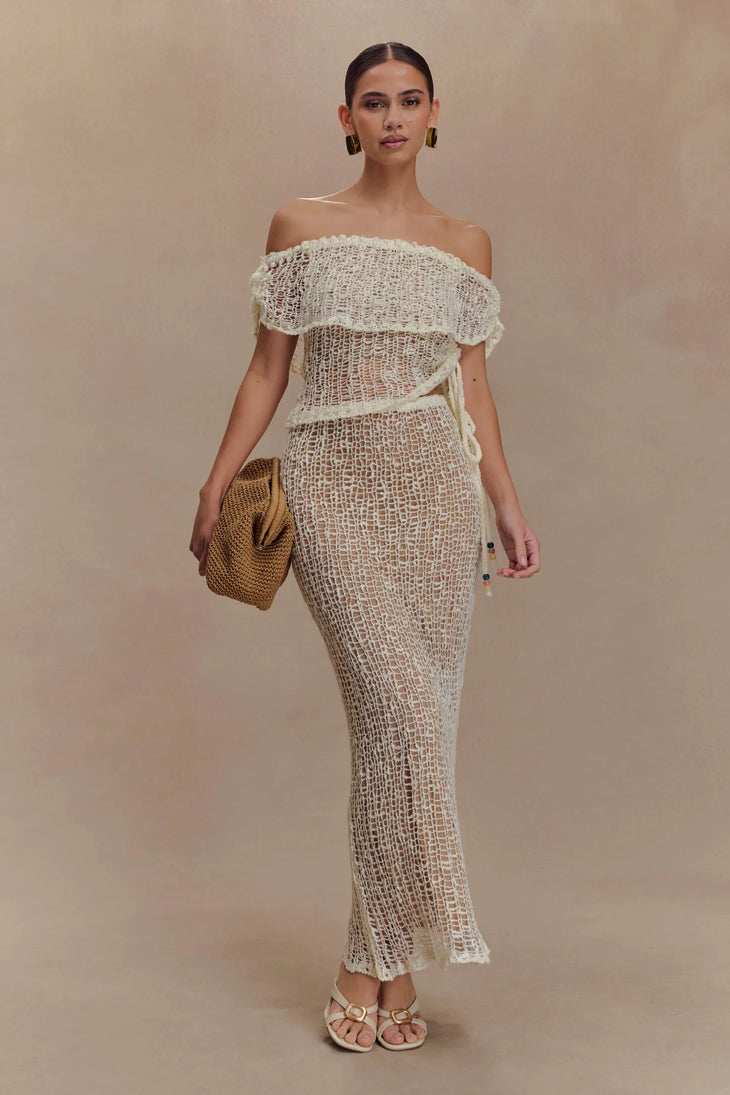 Cream crochet off-shoulder co-ord set with cutout details and maxi skirt — Meshki | Endless UAE