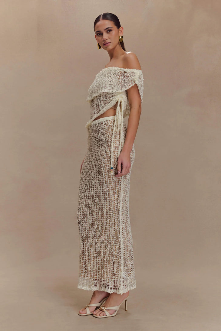 Cream crochet off-shoulder co-ord set with cutout details and maxi skirt — Meshki | Endless UAE
