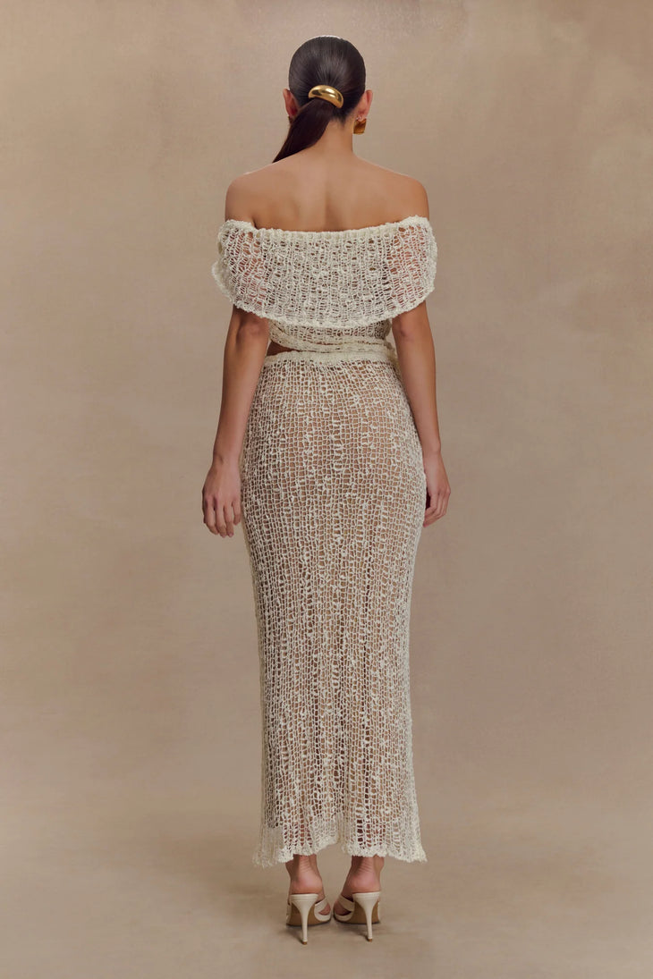 Cream crochet off-shoulder co-ord set with cutout details and maxi skirt — Meshki | Endless UAE