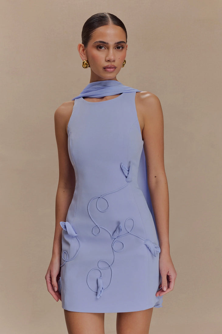 Periwinkle blue sleeveless mini dress with twisted collar neckline and tonal floral embroidery details — Meshki | Endless UAE