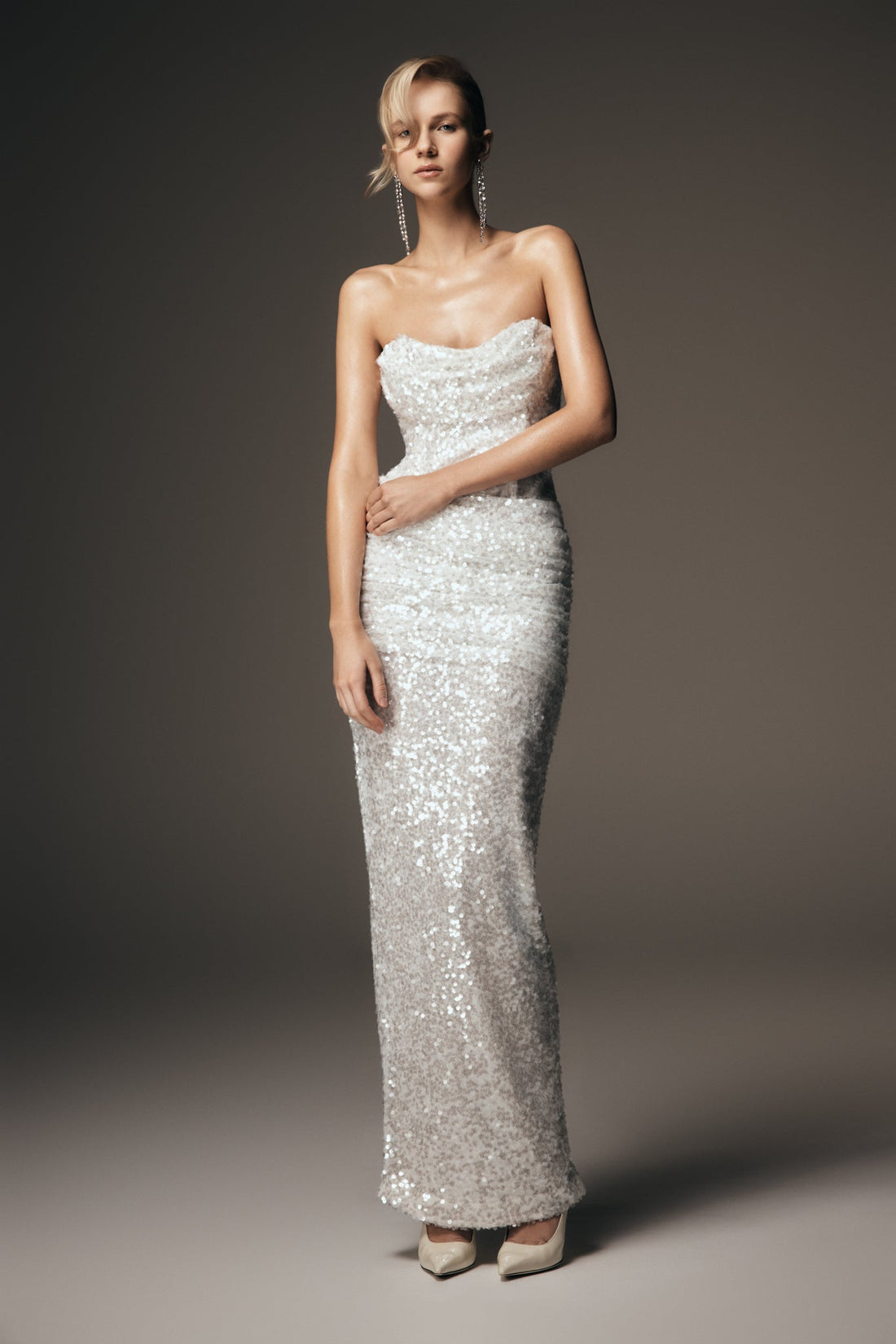 Strapless sequin maxi dress in white with draped bodice and fitted silhouette — Meshki | Endless UAE