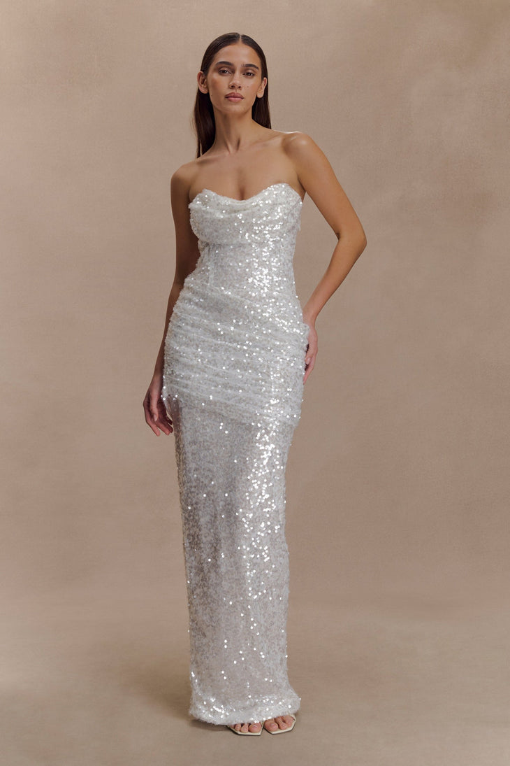 Strapless white sequin maxi dress with sweetheart neckline and floor-length fitted silhouette — Meshki | Endless UAE