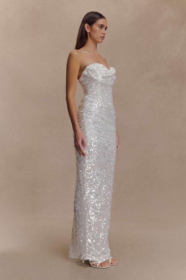 Stunning white strapless sequin maxi dress with form-fitting silhouette, perfect for formal events and special occasions — Meshki | Endless UAE