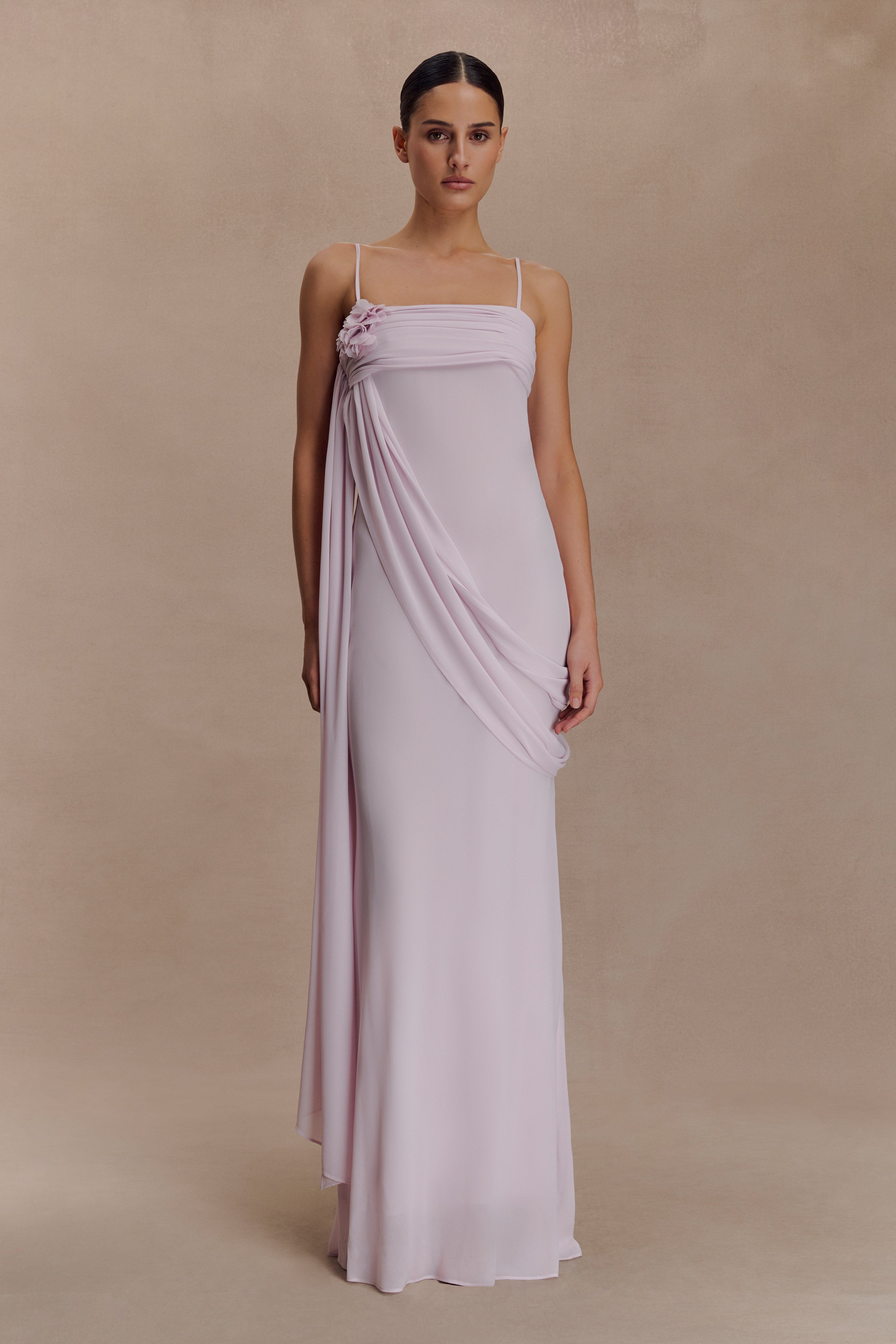 Leena Chiffon Maxi Dress in soft pink with delicate pleated fabric detail — Meshki | Endless UAE