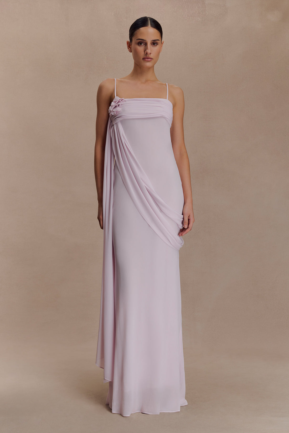 Leena Chiffon Maxi Dress in soft pink with delicate pleated fabric detail — Meshki | Endless UAE