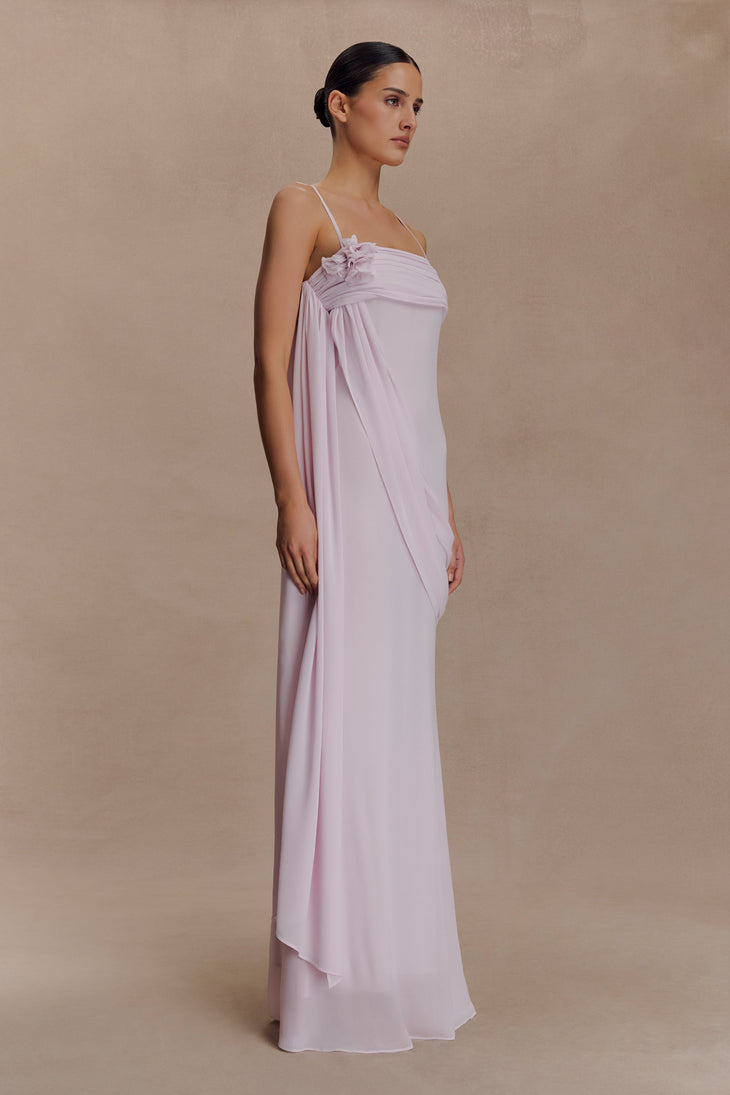 Leena Chiffon Maxi Dress in soft pink with delicate pleated fabric detail — Meshki | Endless UAE