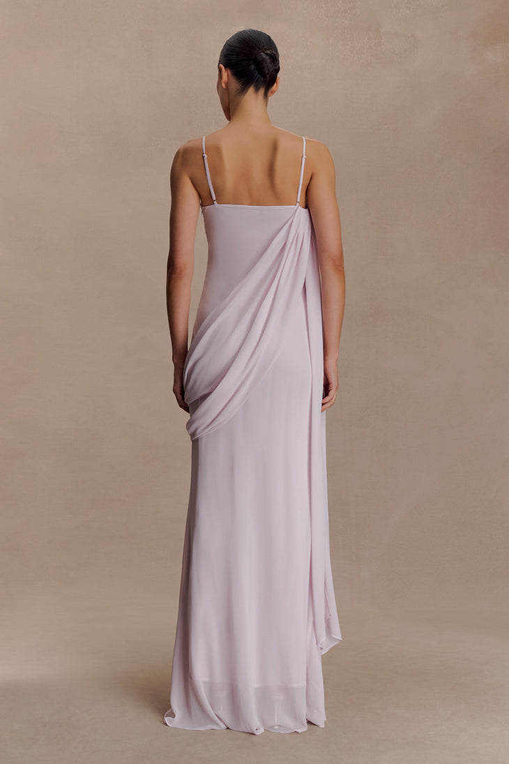 Leena Chiffon Maxi Dress in soft pink with delicate pleated fabric detail — Meshki | Endless UAE