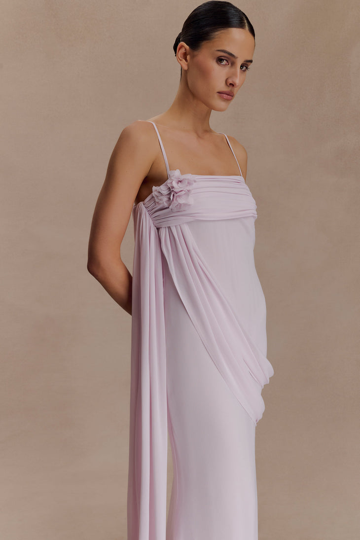 Leena Chiffon Maxi Dress in soft pink with delicate pleated fabric detail — Meshki | Endless UAE