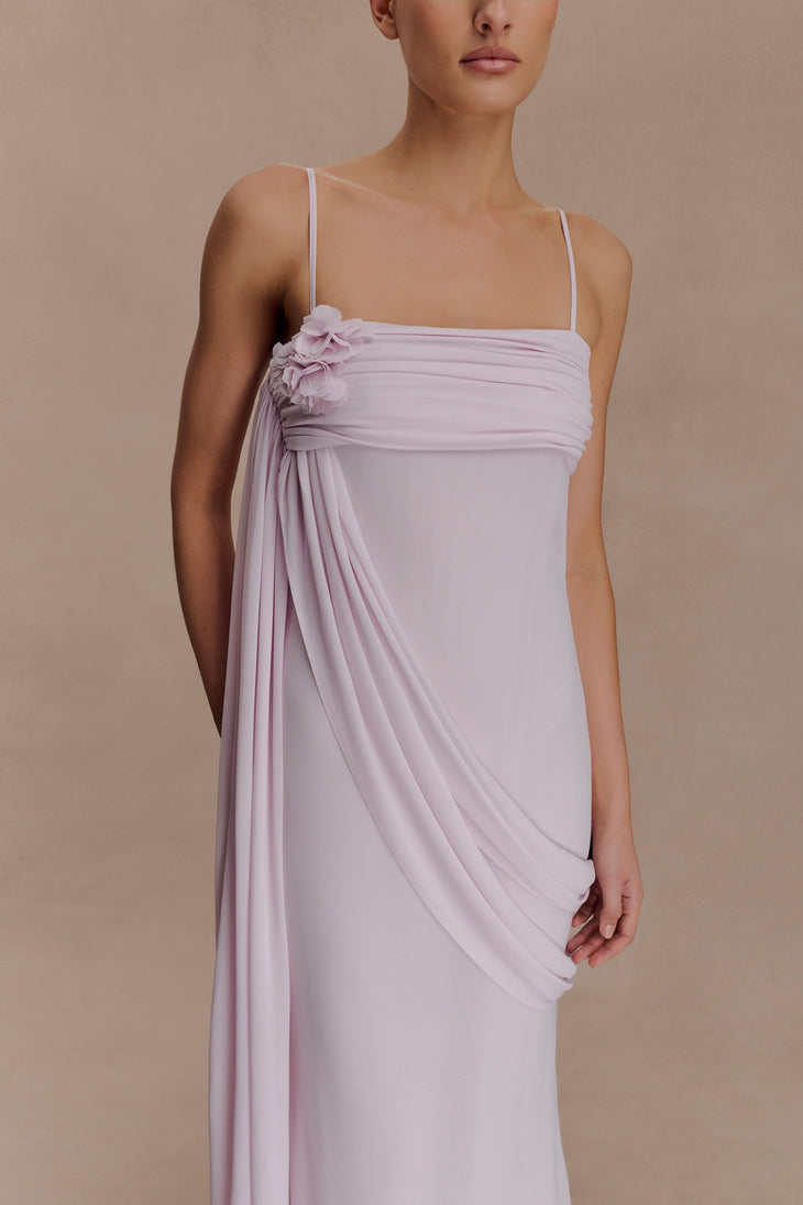 Leena Chiffon Maxi Dress in soft pink with delicate pleated fabric detail — Meshki | Endless UAE