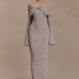 Baxter Off Shoulder Fluffy Knit Midi Dress
