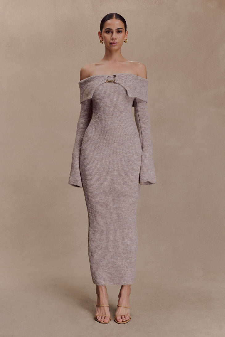 Woman wearing beige off-shoulder ribbed knit midi dress with fold-over neckline and long sleeves — Meshki | Endless UAE