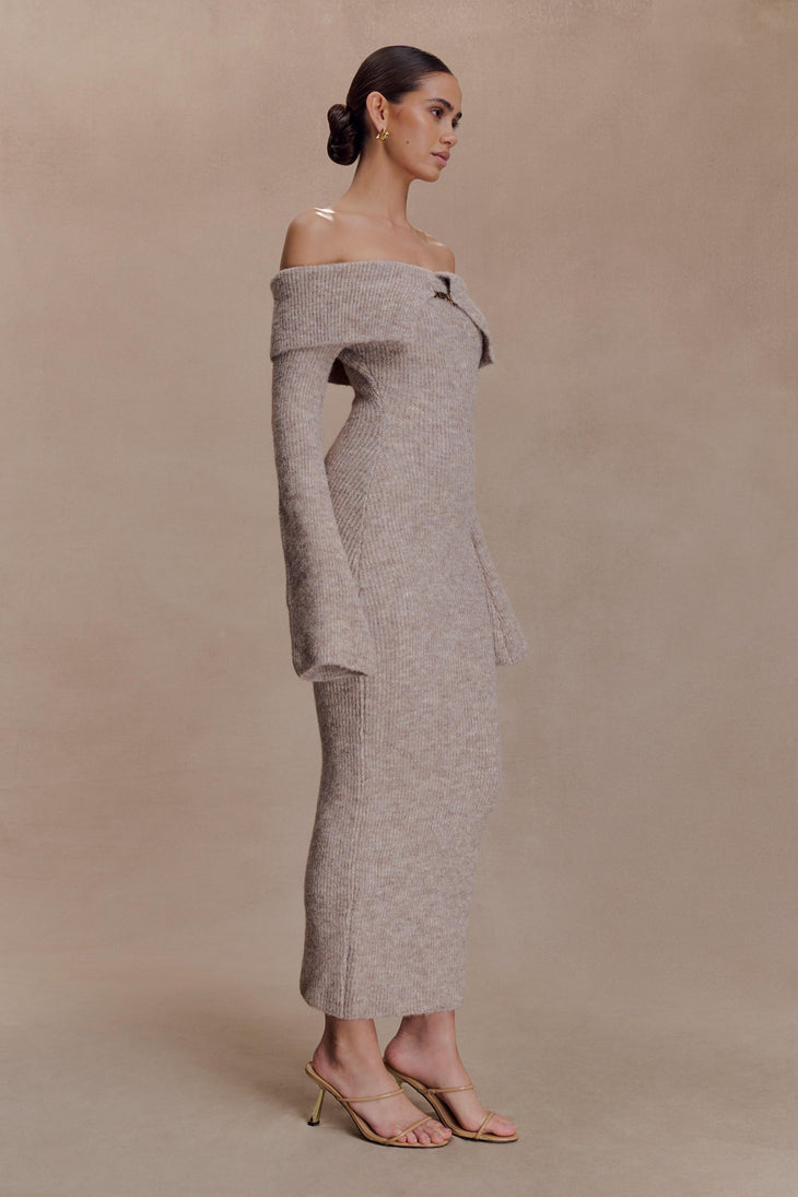 Model wearing beige off-shoulder ribbed knit midi dress with long sleeves and fitted silhouette — Meshki | Endless UAE