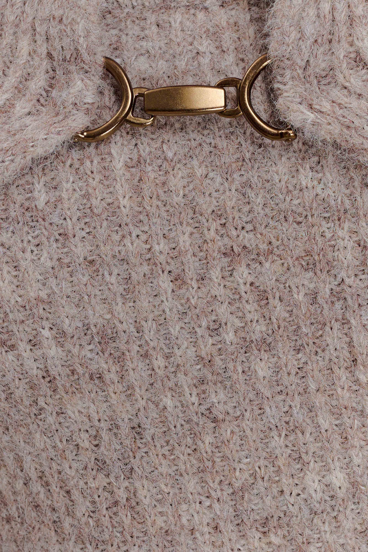 Blush pink fluffy knit midi dress with gold decorative clasp detail and off shoulder design — Meshki | Endless UAE