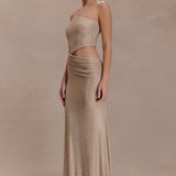 Starla Strapless Diamante Maxi Dress in champagne with cutout detail — Meshki | Endless UAE