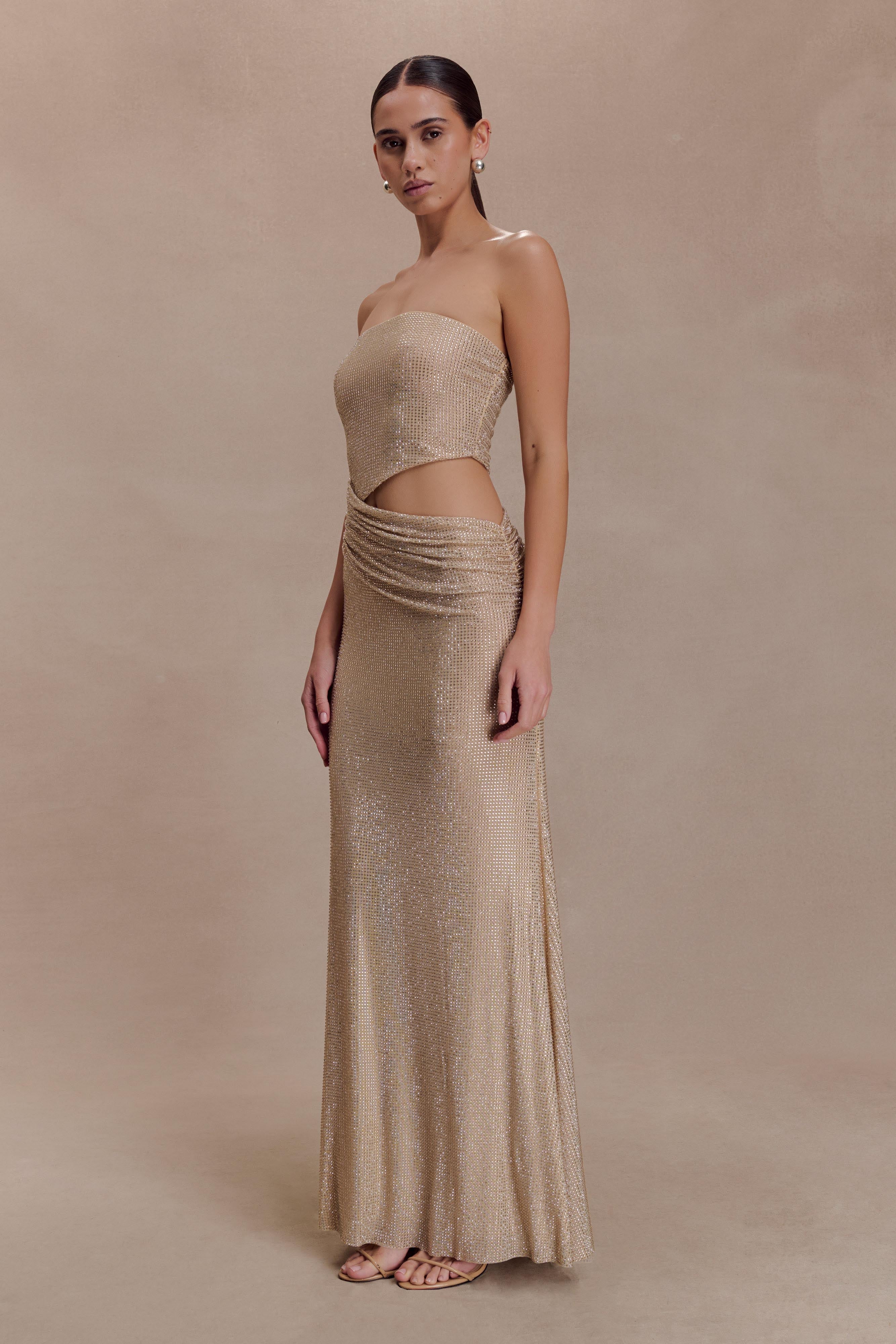 Starla Strapless Diamante Maxi Dress in champagne with cutout detail — Meshki | Endless UAE