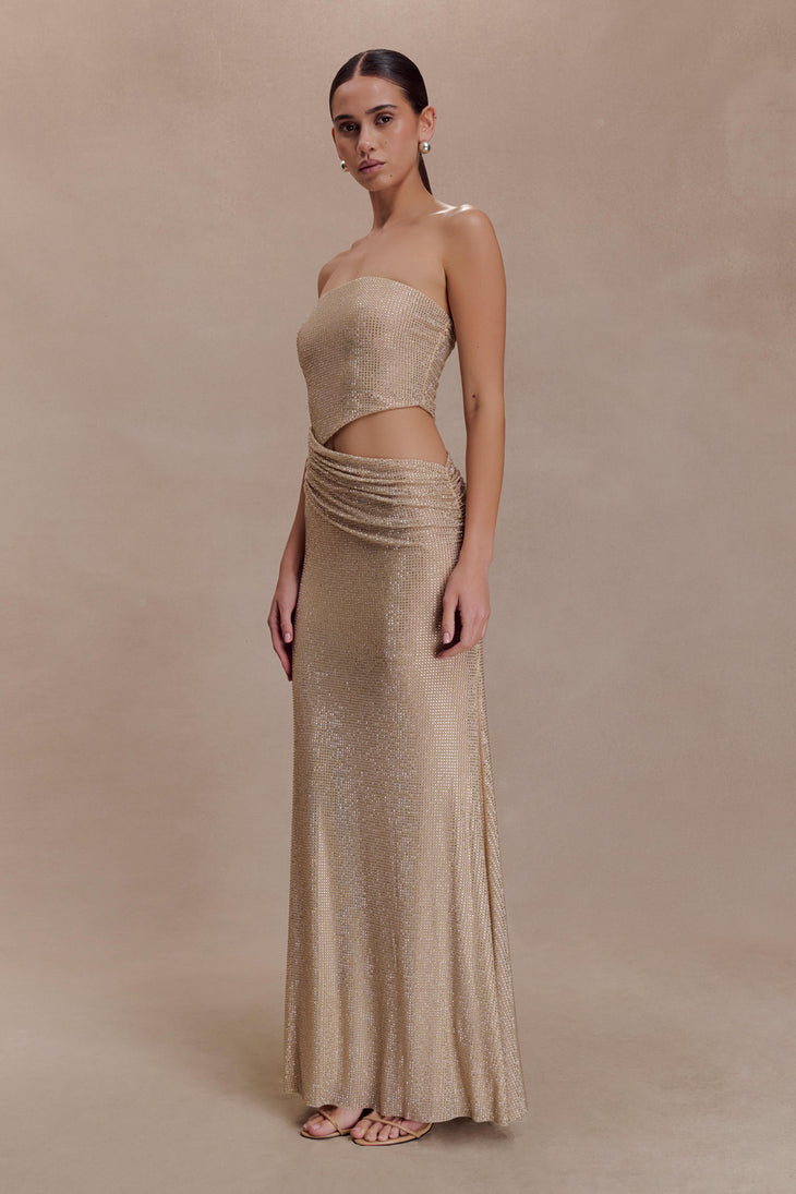Starla Strapless Diamante Maxi Dress in champagne with cutout detail — Meshki | Endless UAE