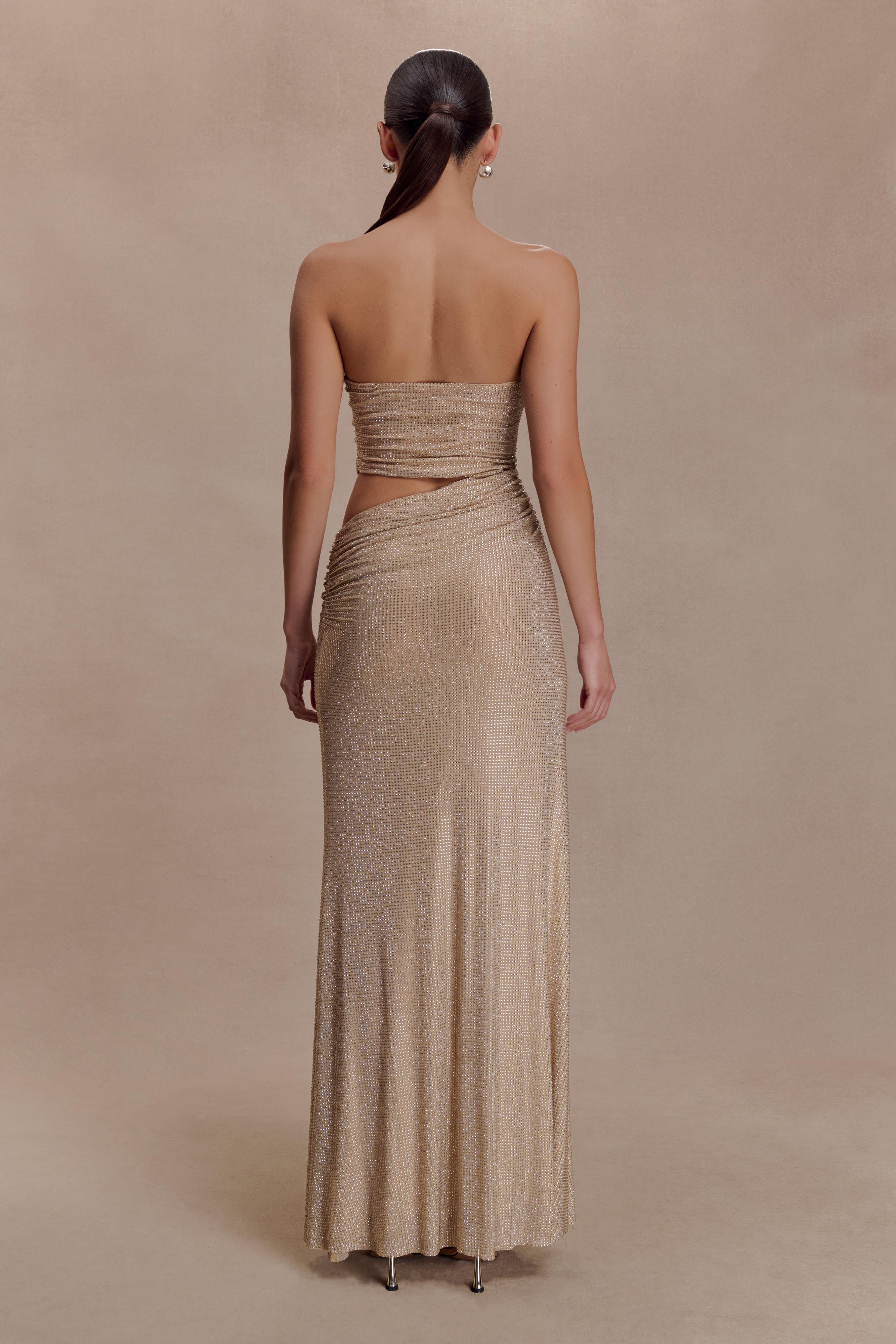 Starla Strapless Diamante Maxi Dress in champagne with cutout detail — Meshki | Endless UAE