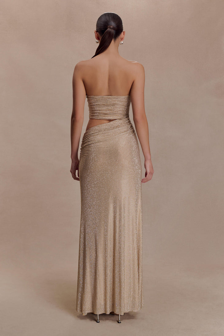 Starla Strapless Diamante Maxi Dress in champagne with cutout detail — Meshki | Endless UAE