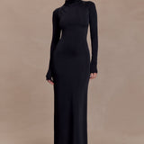 Black long sleeve maxi dress with high neckline and gathered shoulder detail in slinky fabric — Meshki | Endless UAE