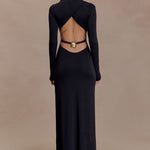 Black long sleeve maxi dress with cut-out back detail and gold belt buckle — Meshki | Endless UAE