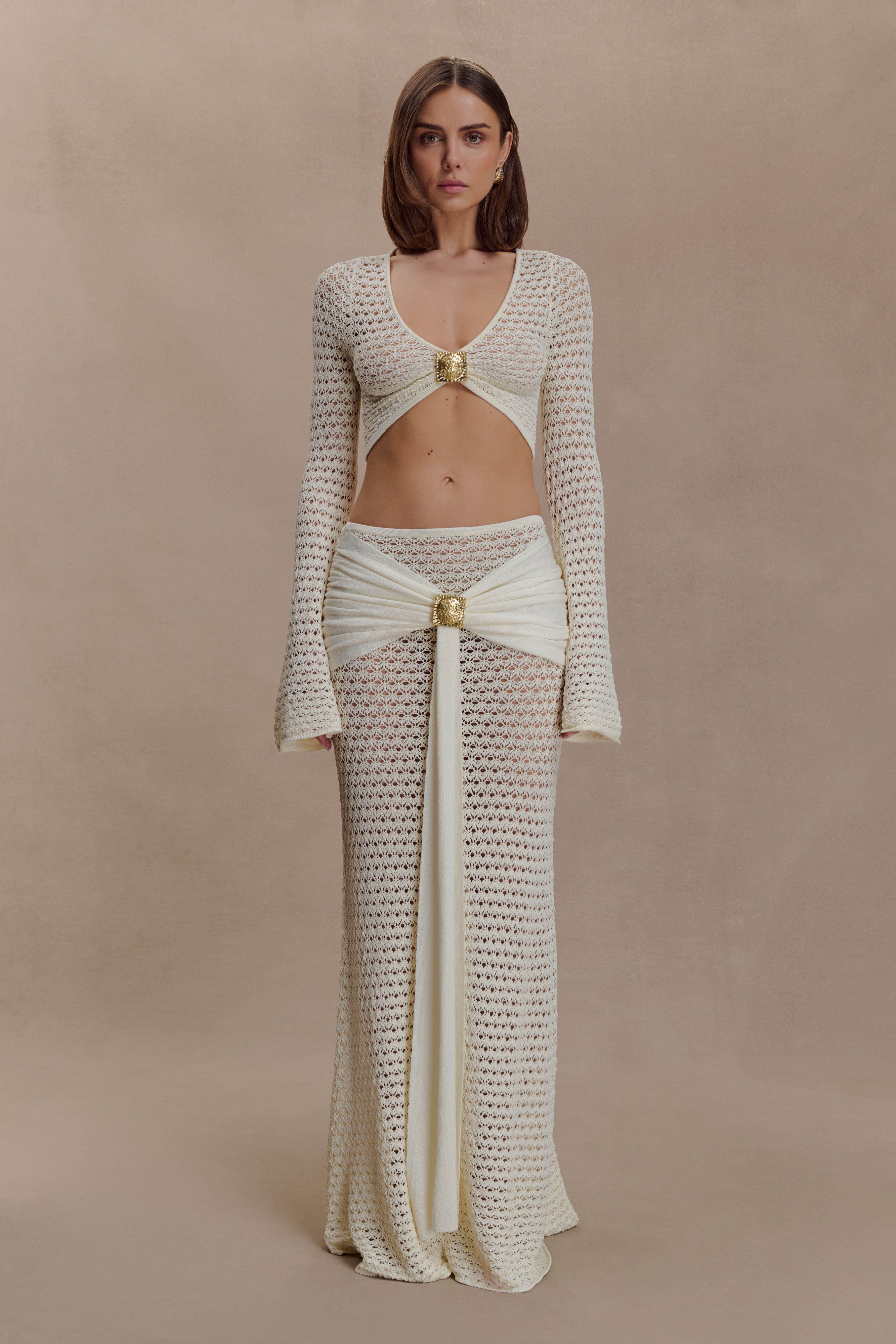 Cream crochet two-piece set with cutout details and gold buckle accents — Meshki | Endless UAE