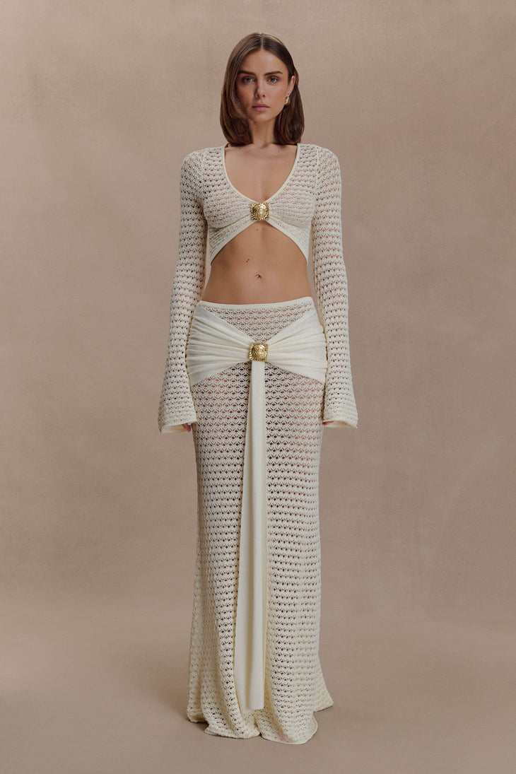 Cream crochet two-piece set with cutout details and gold buckle accents — Meshki | Endless UAE