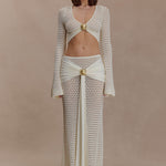 Cream crochet two-piece set with cutout details and gold buckle accents — Meshki | Endless UAE