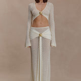 Cream crochet two-piece set with cutout details and gold buckle accents — Meshki | Endless UAE