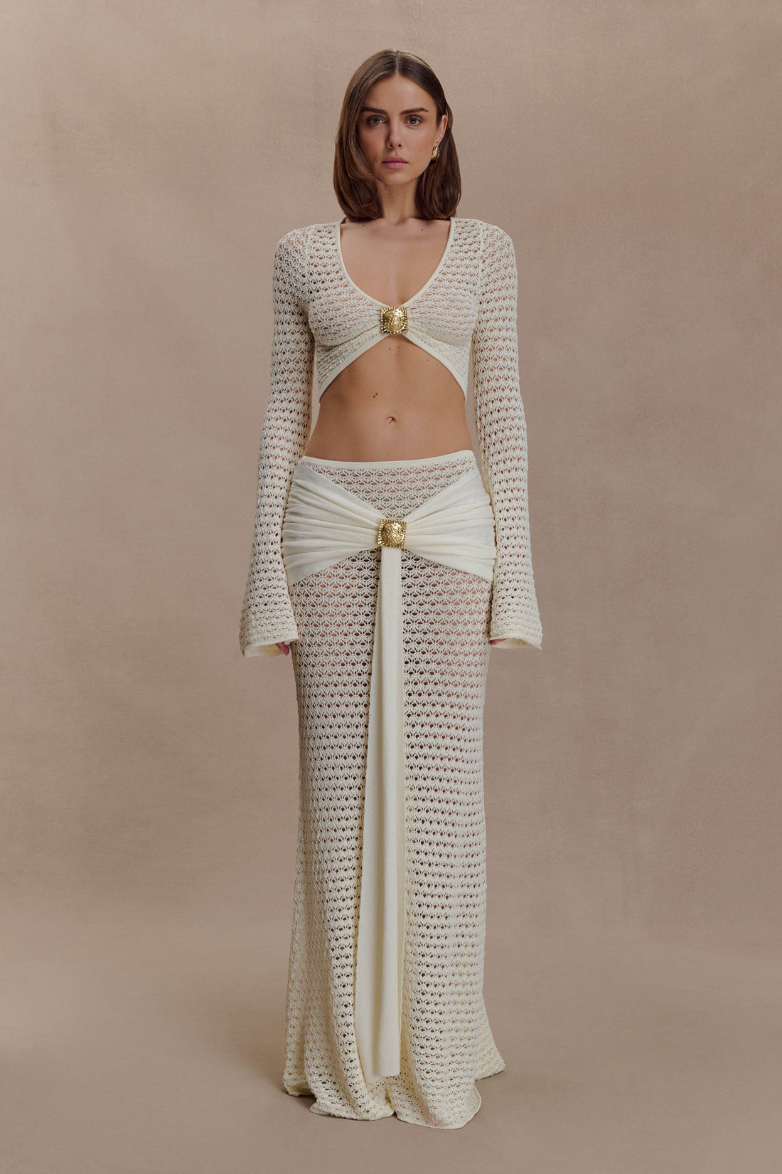 Cream crochet two-piece set with cutout details and gold buckle accents — Meshki | Endless UAE