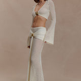 Cream crochet two-piece set with cutout details and gold buckle accents — Meshki | Endless UAE
