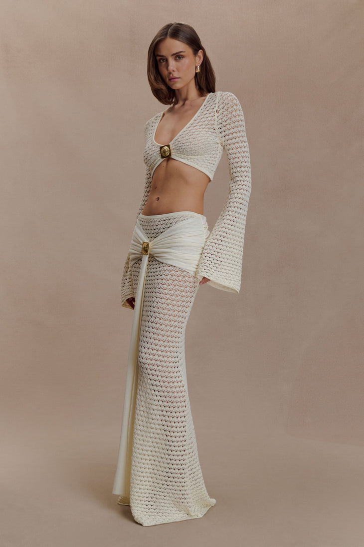 Cream crochet two-piece set with cutout details and gold buckle accents — Meshki | Endless UAE