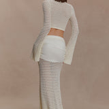 Cream crochet two-piece set with cutout details and gold buckle accents — Meshki | Endless UAE