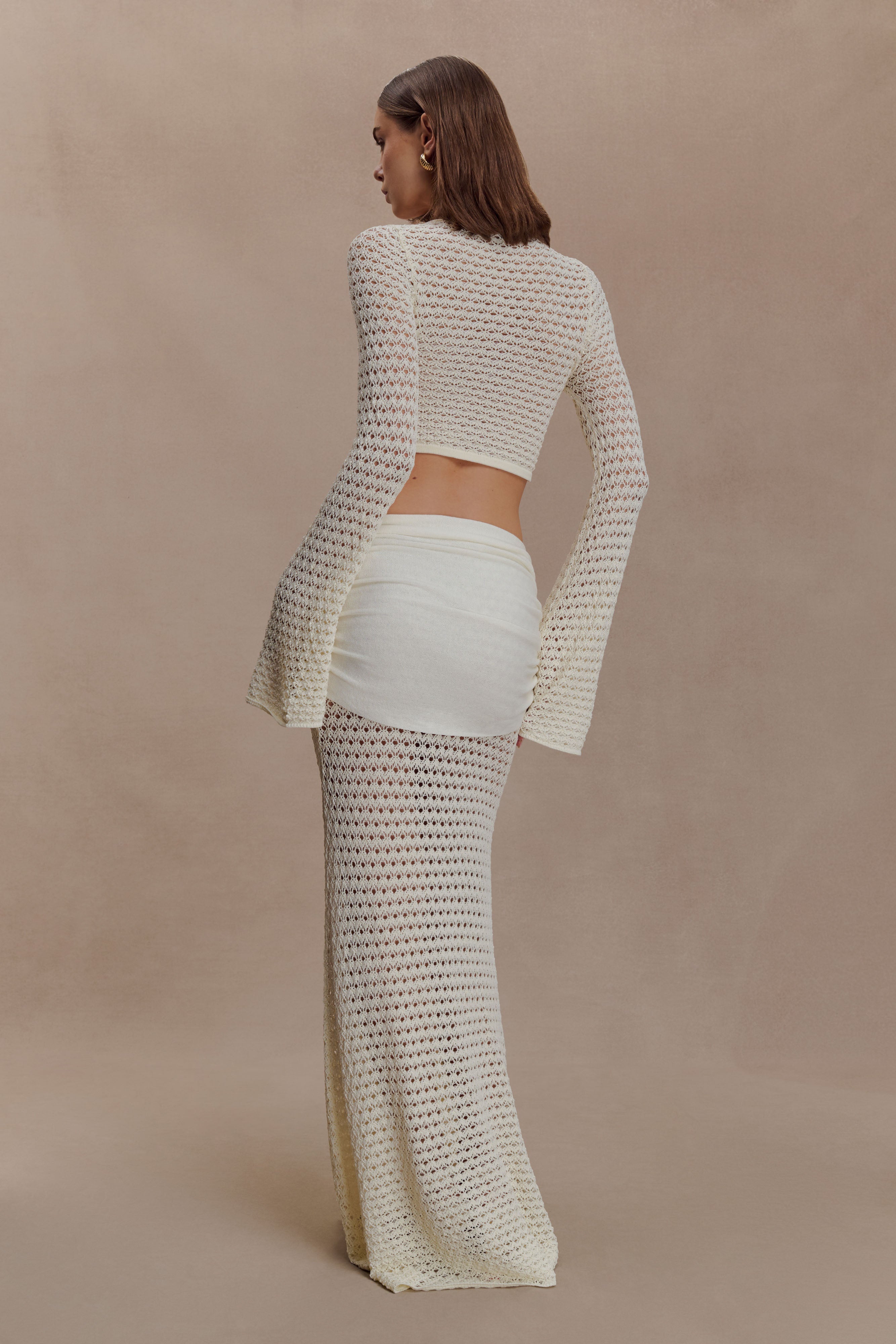 Cream crochet two-piece set with cutout details and gold buckle accents — Meshki | Endless UAE