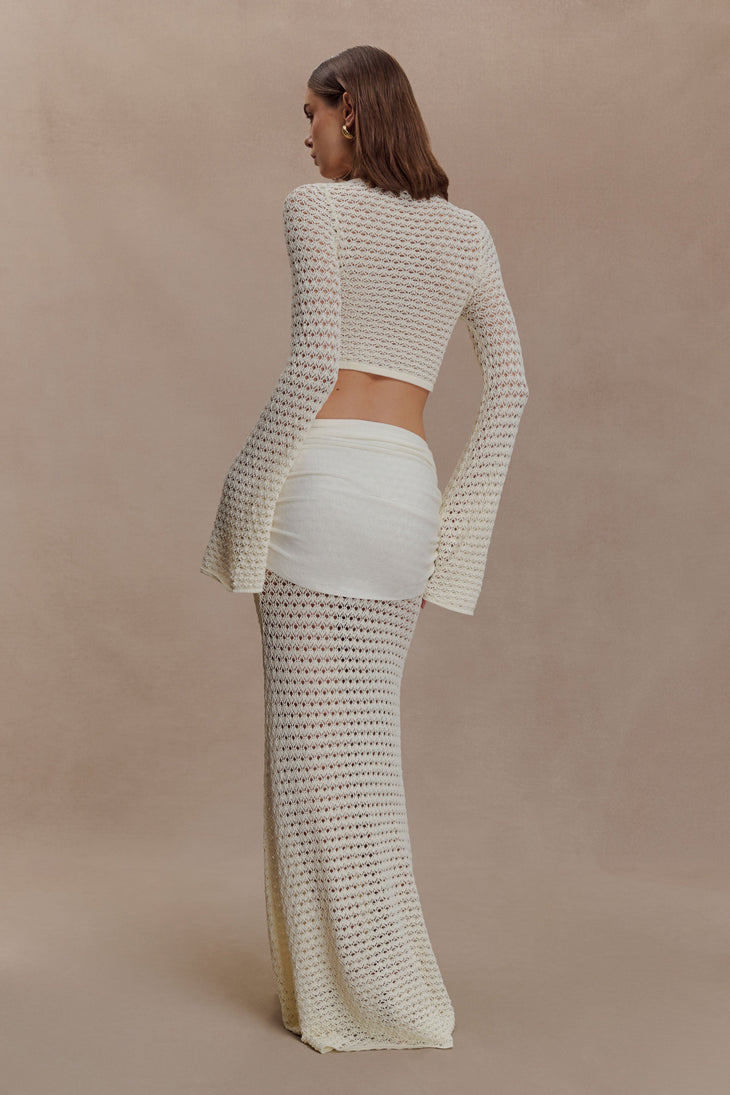 Cream crochet two-piece set with cutout details and gold buckle accents — Meshki | Endless UAE