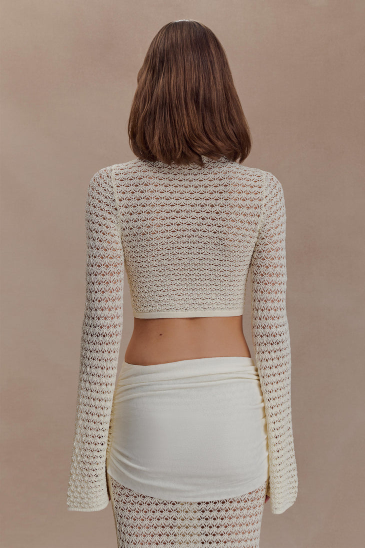 Cream crochet two-piece set with cutout details and gold buckle accents — Meshki | Endless UAE