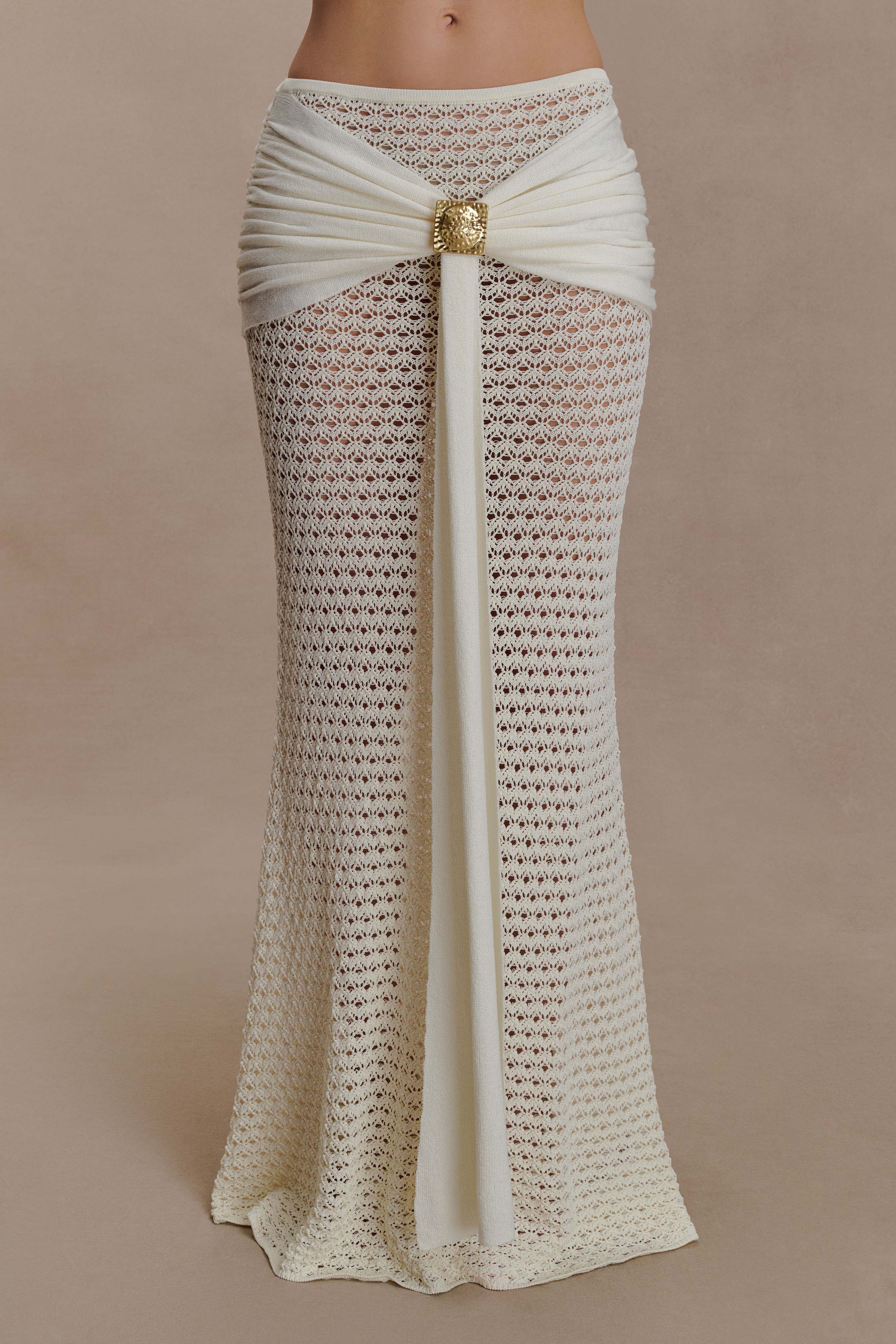 Cream crochet two-piece set with cutout details and gold buckle accents — Meshki | Endless UAE