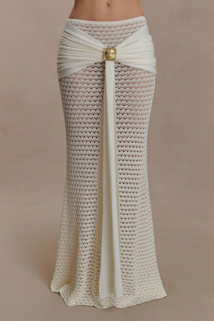 Cream crochet two-piece set with cutout details and gold buckle accents — Meshki | Endless UAE
